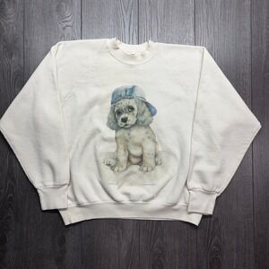 Vintage 1993 Puppy Dog Sweatshirt XL Cream Raglan 90s Fits Small Grandma Cottage